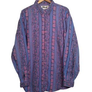 Vintage 1990s Tomato Shirt Men XL Purple Retro Geometric Stripe Long Sleeve